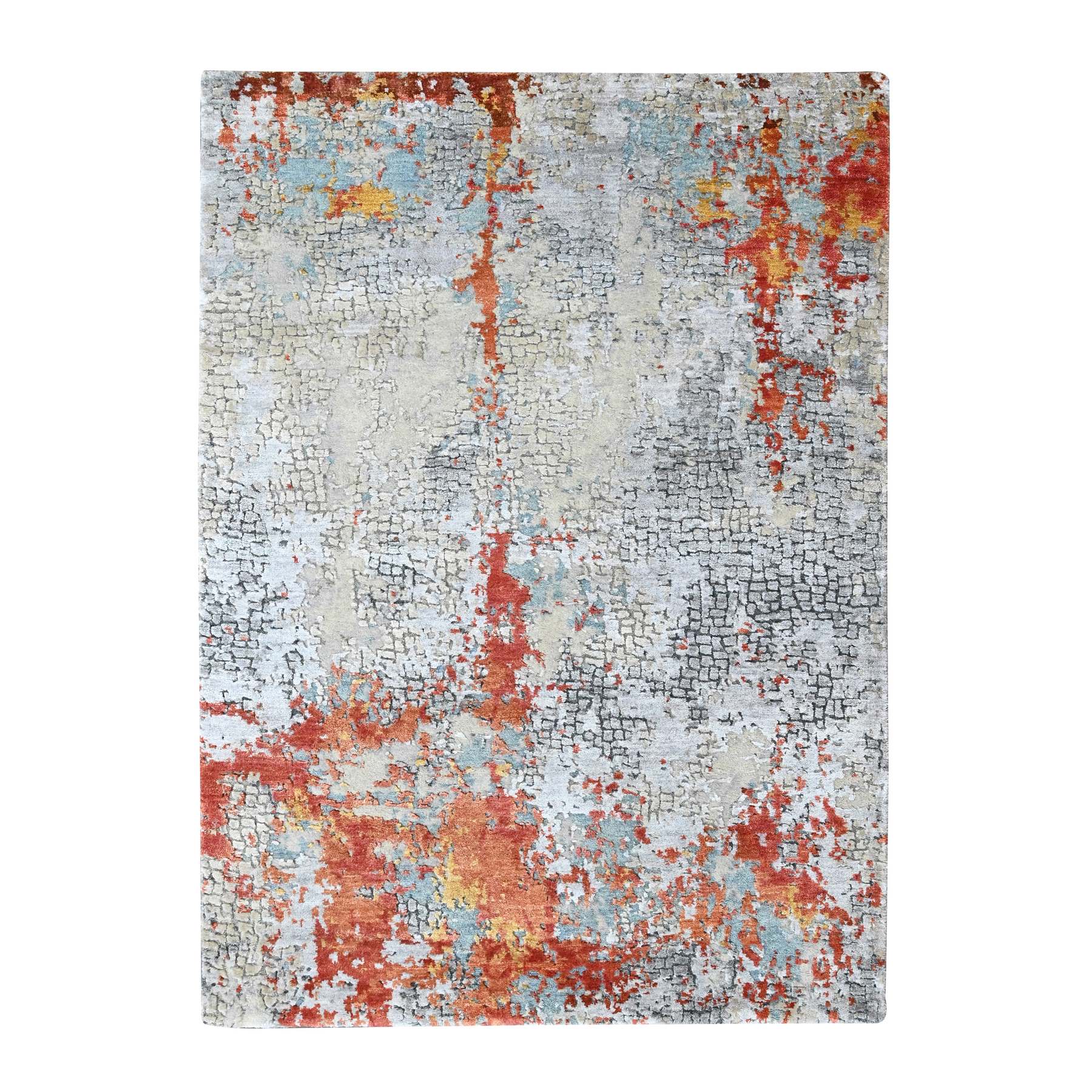 4'1"x6' Burnt Orange with Gray, Abstract with Fire Mosaic Design, Hand Knotted, Wool and Silk, Oriental Rug 